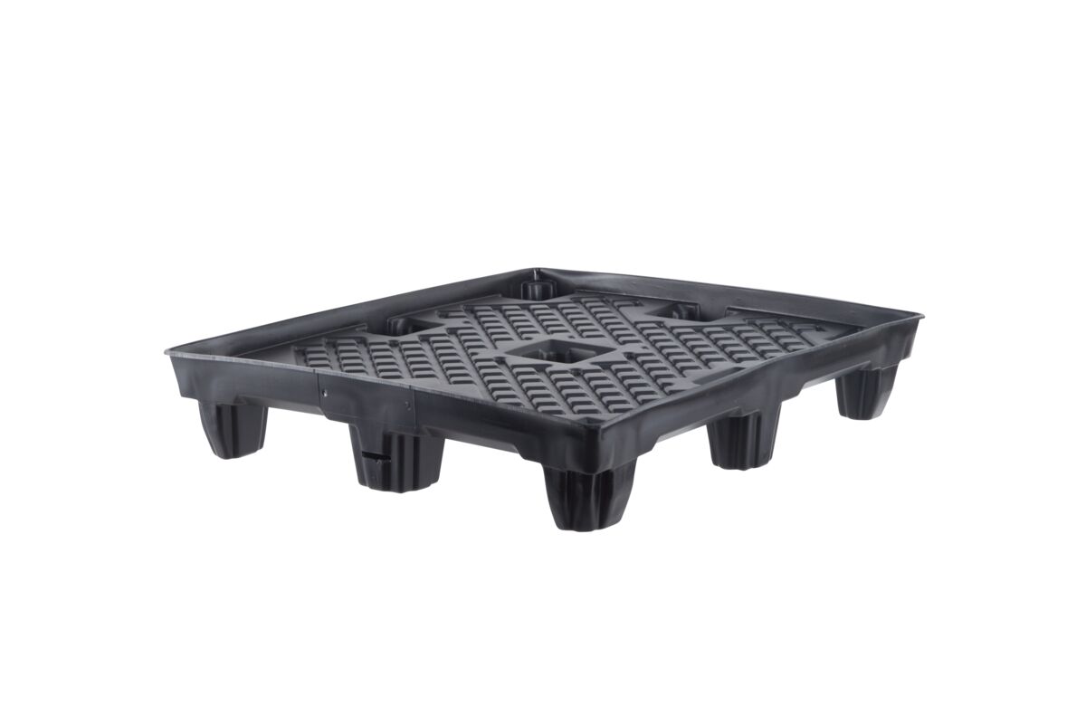 Black plastic pallet on a white background.