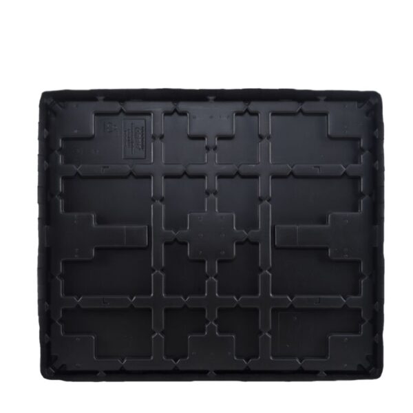 A black plastic pallet on a white background.