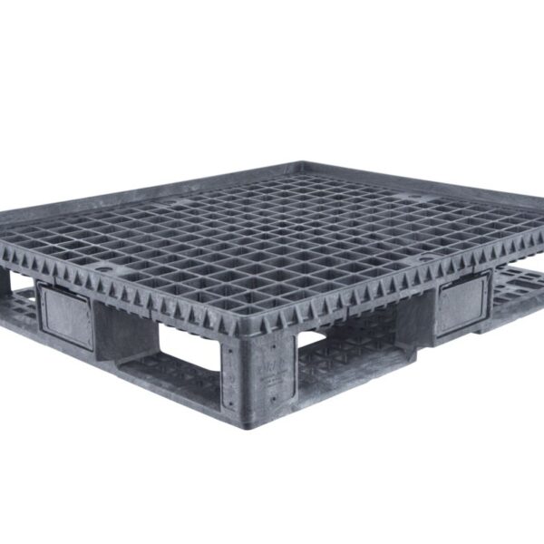 A grey plastic pallet on a white background.