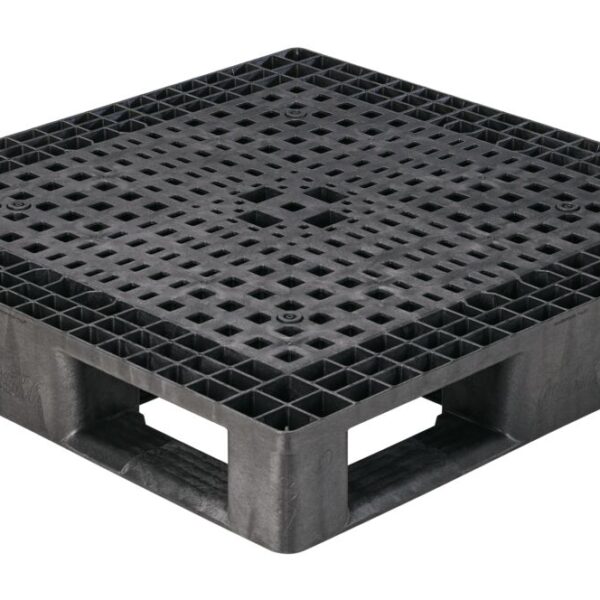 A black plastic pallet with holes.