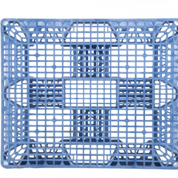 A blue plastic pallet on a white background.