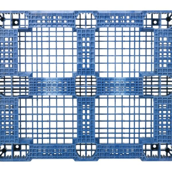 A top-view of the blue plastic "40 x 48 RACKO MD" pallet features a grid design and reinforced corners, making it ideal for RACKO systems.