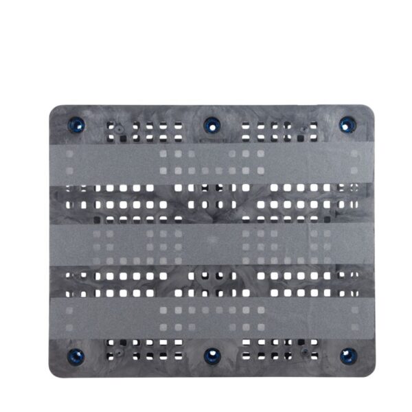 A metal plate with holes on it, similar to a plastic pallet.