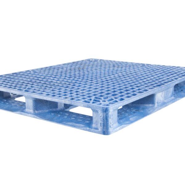 A blue plastic pallet on a white background.