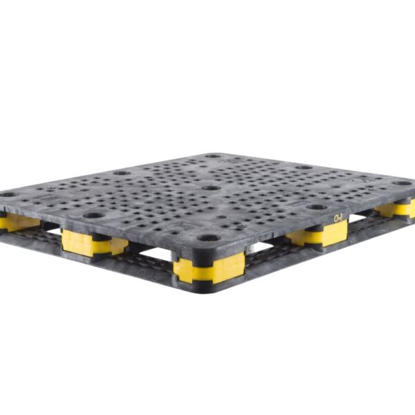 A black and yellow plastic pallet on a white background.