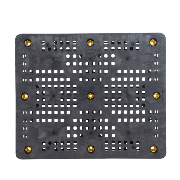 A black plastic pallet with holes on it.