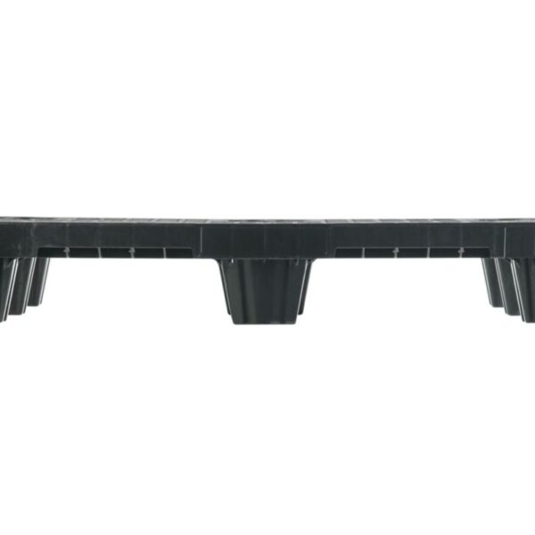 The 40 x 48 XP Economy black plastic pallet features a flat top and nine evenly distributed legs across the base.