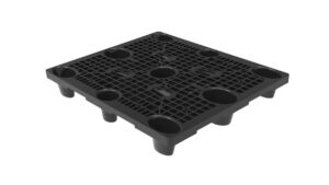 A black plastic pallet with four holes.