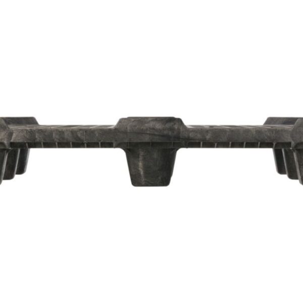 The 40 x 48 XP Heavy Duty LPD, a low-profile black plastic pallet, features a textured top surface and nine supporting feet as seen from the side.