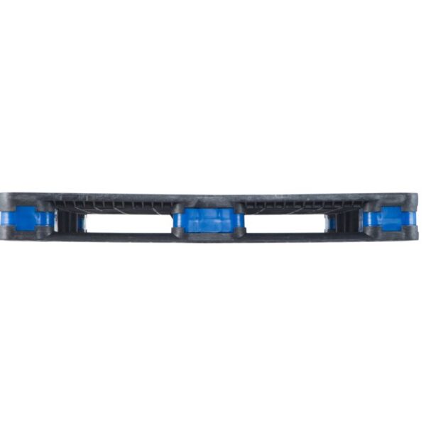 Black plastic razor head with two blue lubricating strips, viewed from the side, isolated on a 44 x 56 BulkPal with 3.0" connectors background.