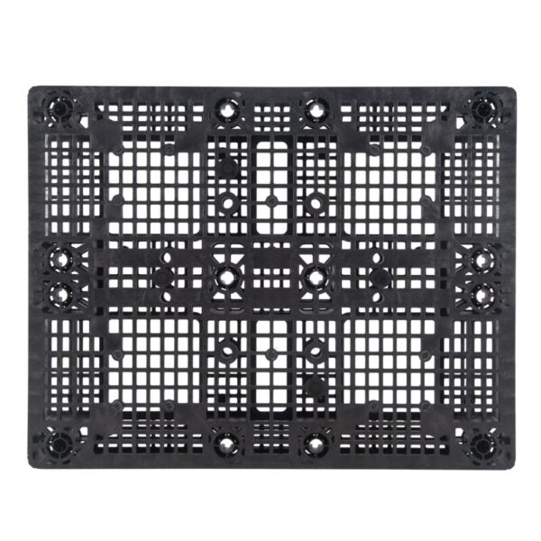 An image of a square black plastic pallet on a white background.