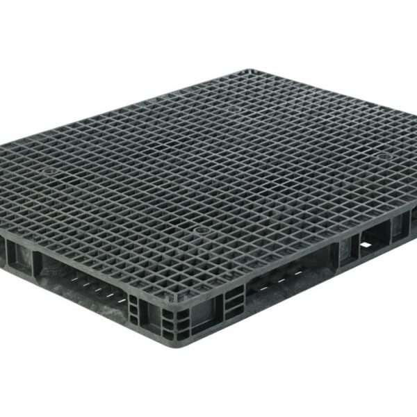 A black plastic pallet on a white background.