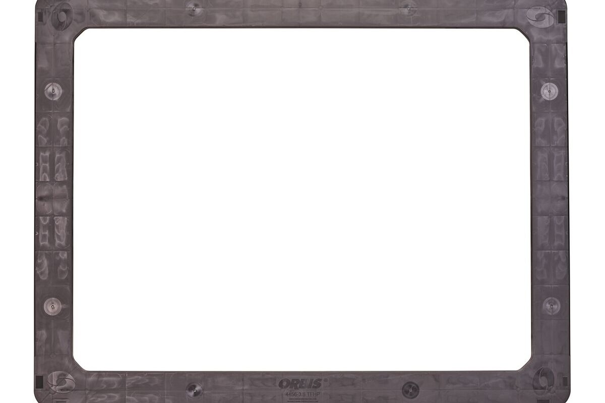 A black plastic square frame on a white background.