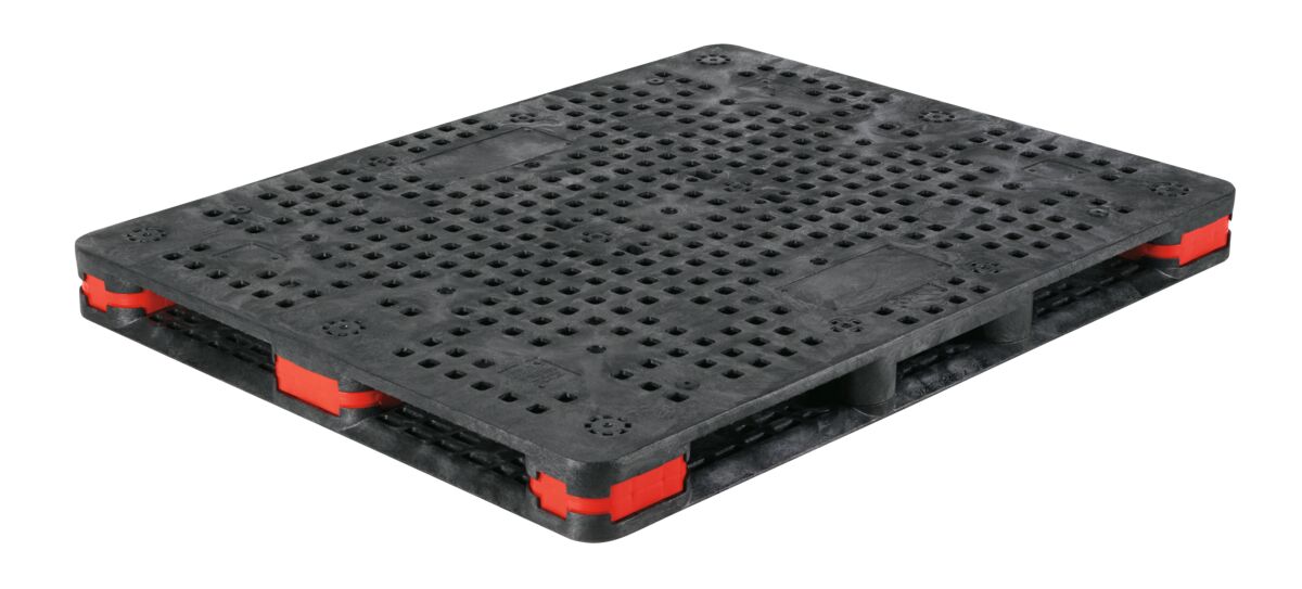 A plastic pallet with black and red handles.