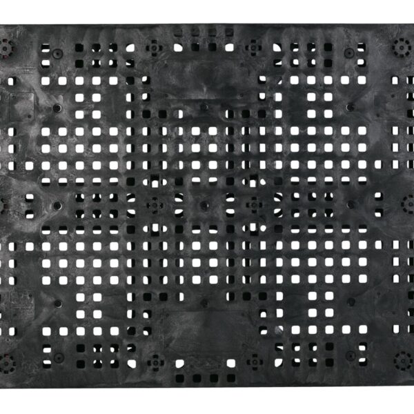 A black plastic tray with holes, resembling a plastic pallet.