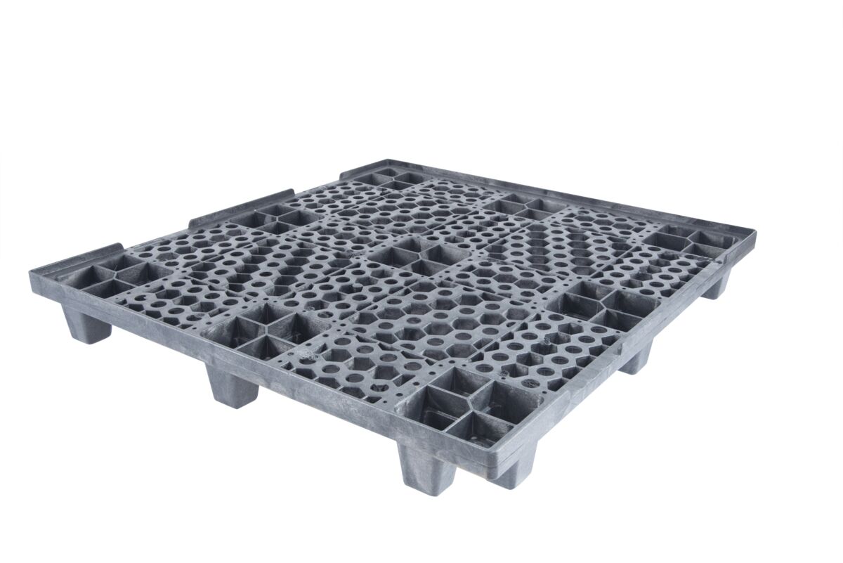 This plastic pallet is grey and has holes in it.