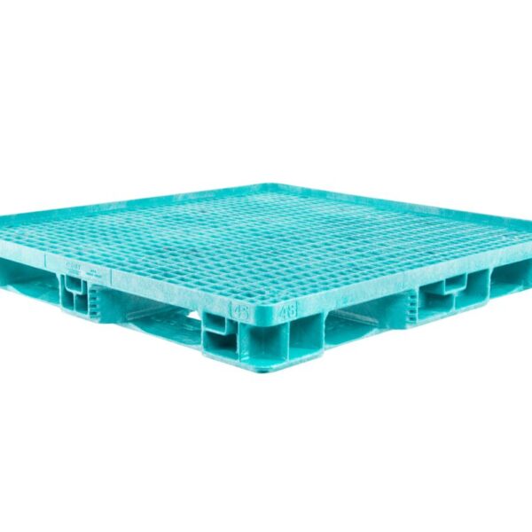 A blue plastic pallet against a white backdrop.