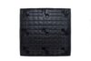 A black plastic pallet on a white background.