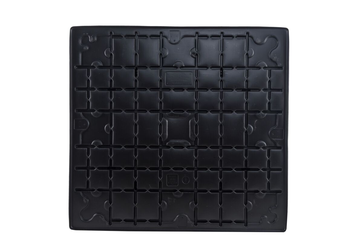 A black plastic pallet on a white background.