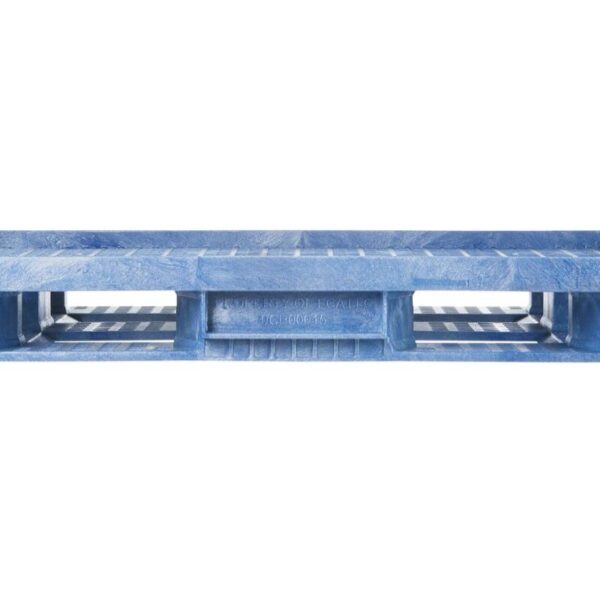 The 45 x 48 HDPT is a blue plastic pallet constructed with high-density polyethylene featuring a flat surface with open slats, designed for supporting and transporting goods.