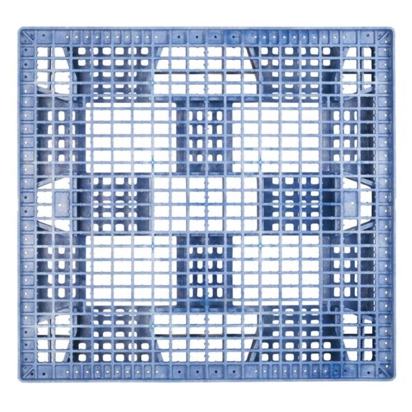 45 x 48 HDPT blue plastic pallet featuring a grid-like design, seen from above against a white background.