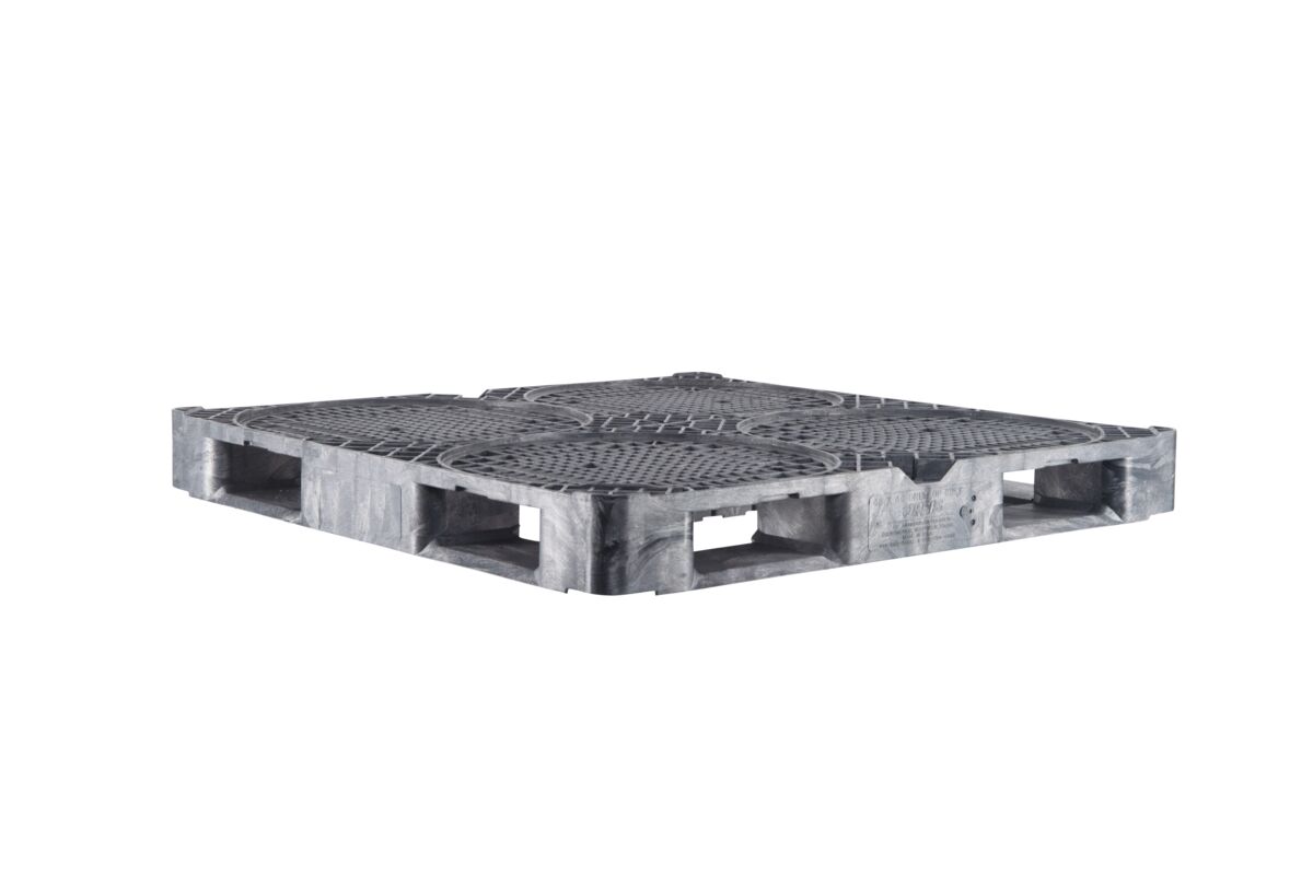 A grey plastic pallet on a white background.