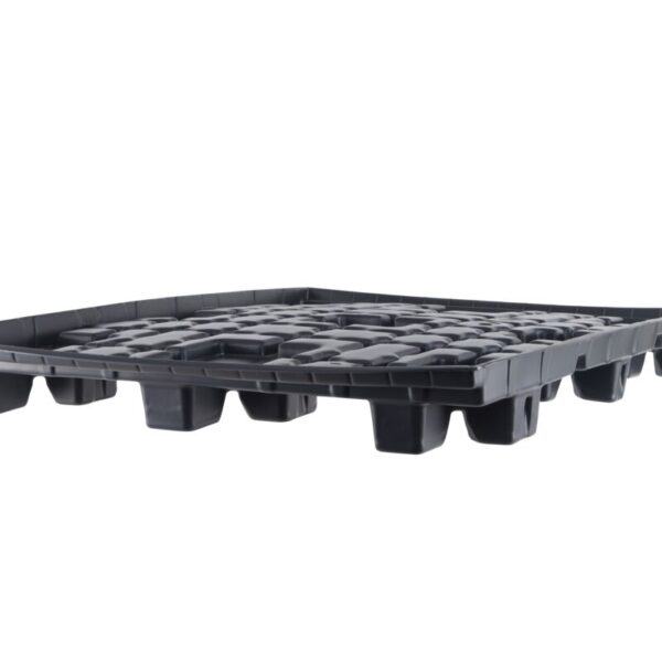 A black plastic pallet against a white background.