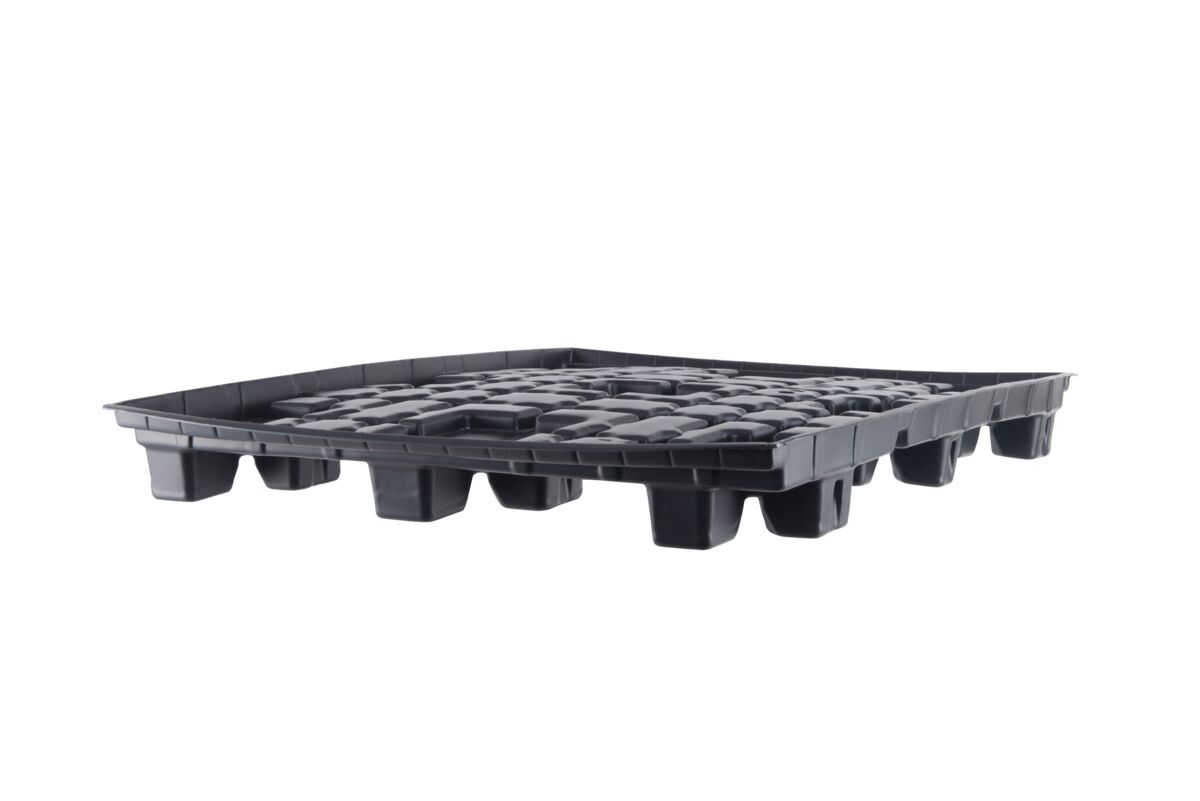 A black plastic pallet against a white background.