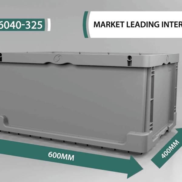 Gray storage container labeled ML6040-325 with dimensions 325mm height, 600mm width, and 400mm depth, advertised as a "market leading interior cube.