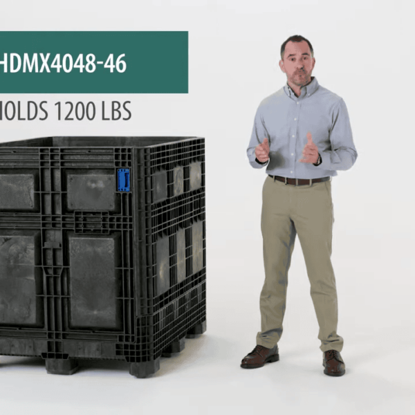 A man stands next to a black plastic industrial bin, identified by the label "HDMX4048-46" and inscribed with "HOLDS 1200 LBS.