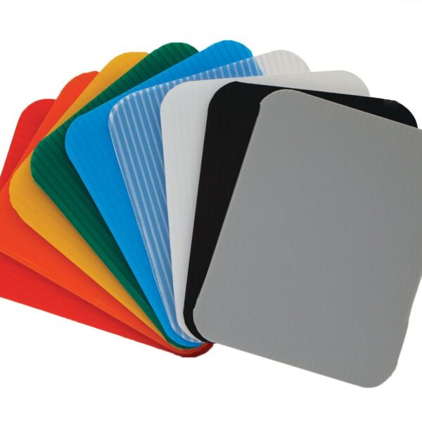 A collection of Divider Sheets: Aluminum Can, featuring an array of vibrant colors such as red, orange, yellow, green, blue, white, black, and gray. These rectangular plastic sheets are fanned out beautifully and are perfect for efficiently organizing your space.