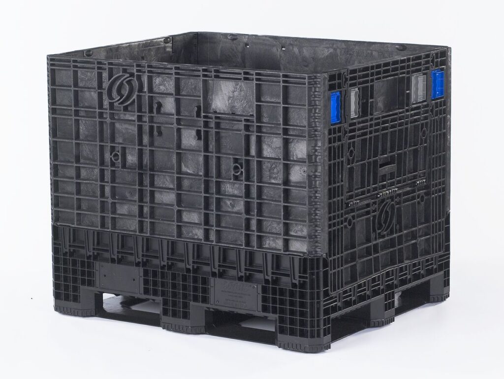 A collapsible black plastic crate on a white background.