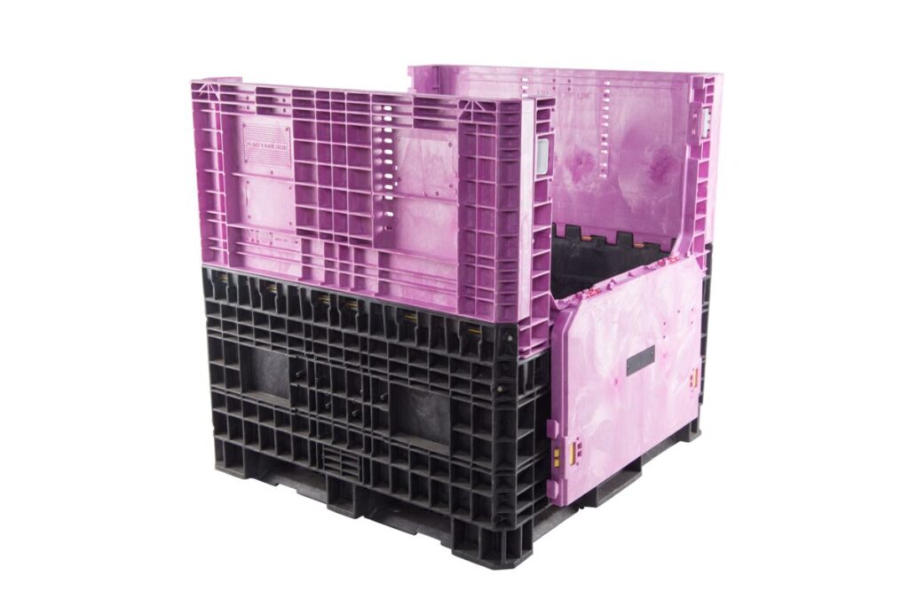 A collapsible bulk container, made of purple plastic, on a white background.