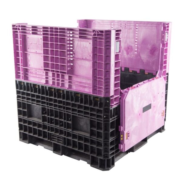 A collapsible bulk container, made of purple plastic, on a white background.