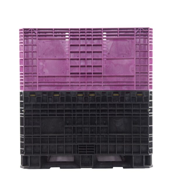 A purple and black plastic collapsible bulk bin on a white background.