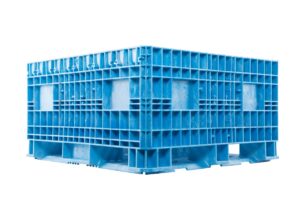 A collapsible blue plastic bulk bin