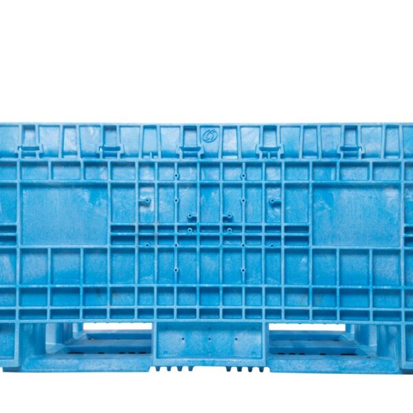 A collapsible blue plastic bulk bin