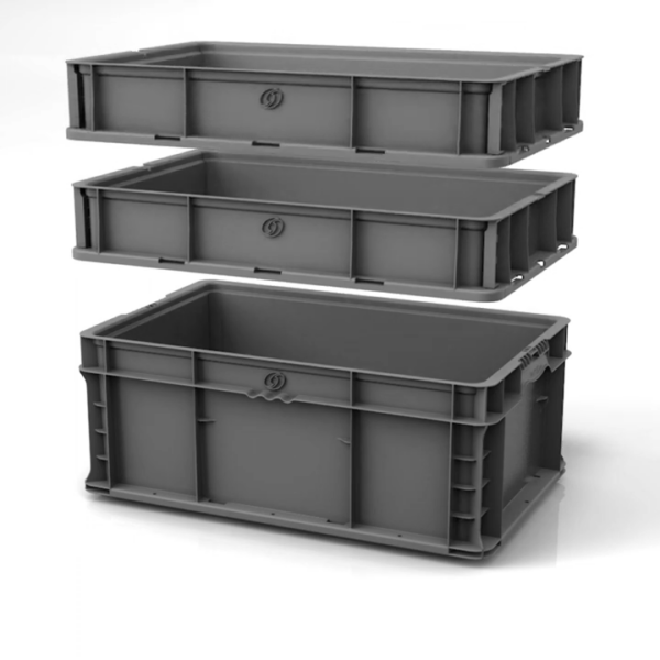 Three stacked PLUS2415-16 gray plastic storage containers, with the top two inverted and nested inside one another above the bottom container, against a plain white background.