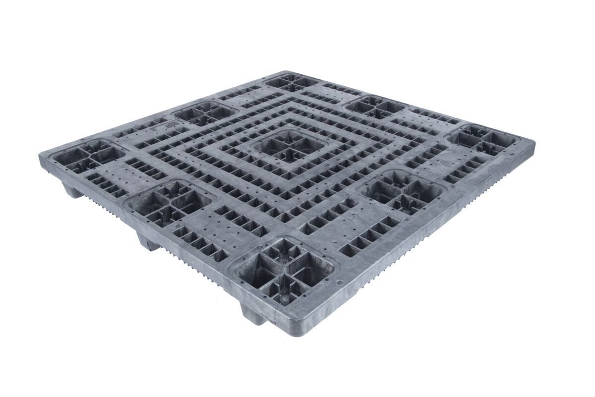 This is a grey plastic pallet with several holes.