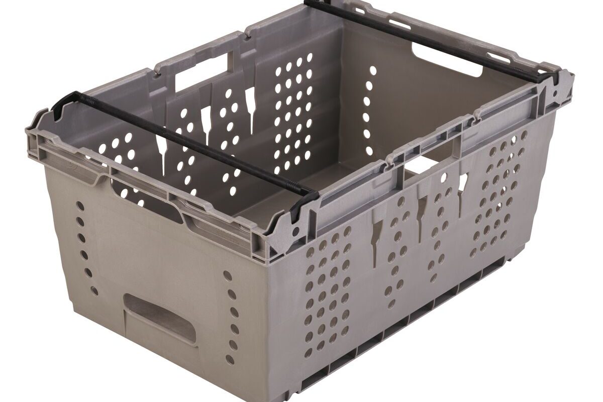 A gray plastic XPRESSPICKUP™ storage crate with handles, perfect for organizing and storing items.