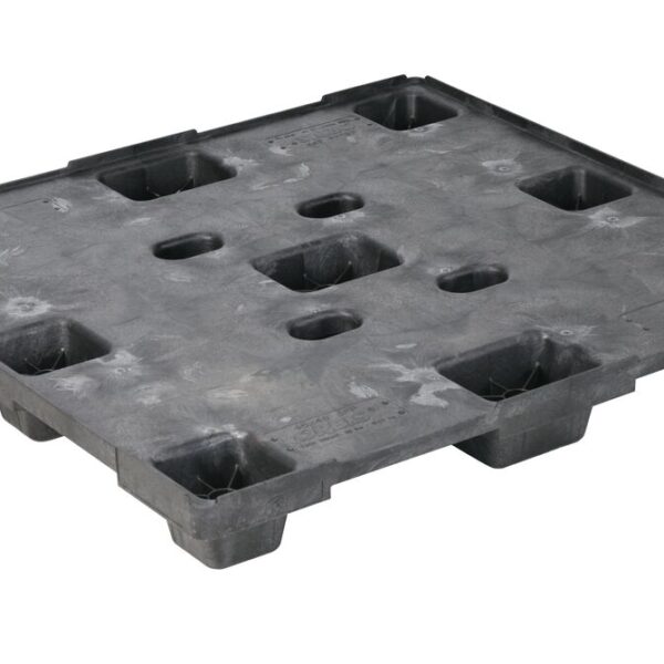 A black plastic pallet with holes.