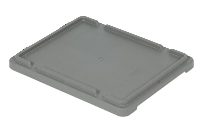 Gray rectangular plastic lid with four raised edges designed to fit a matching container.