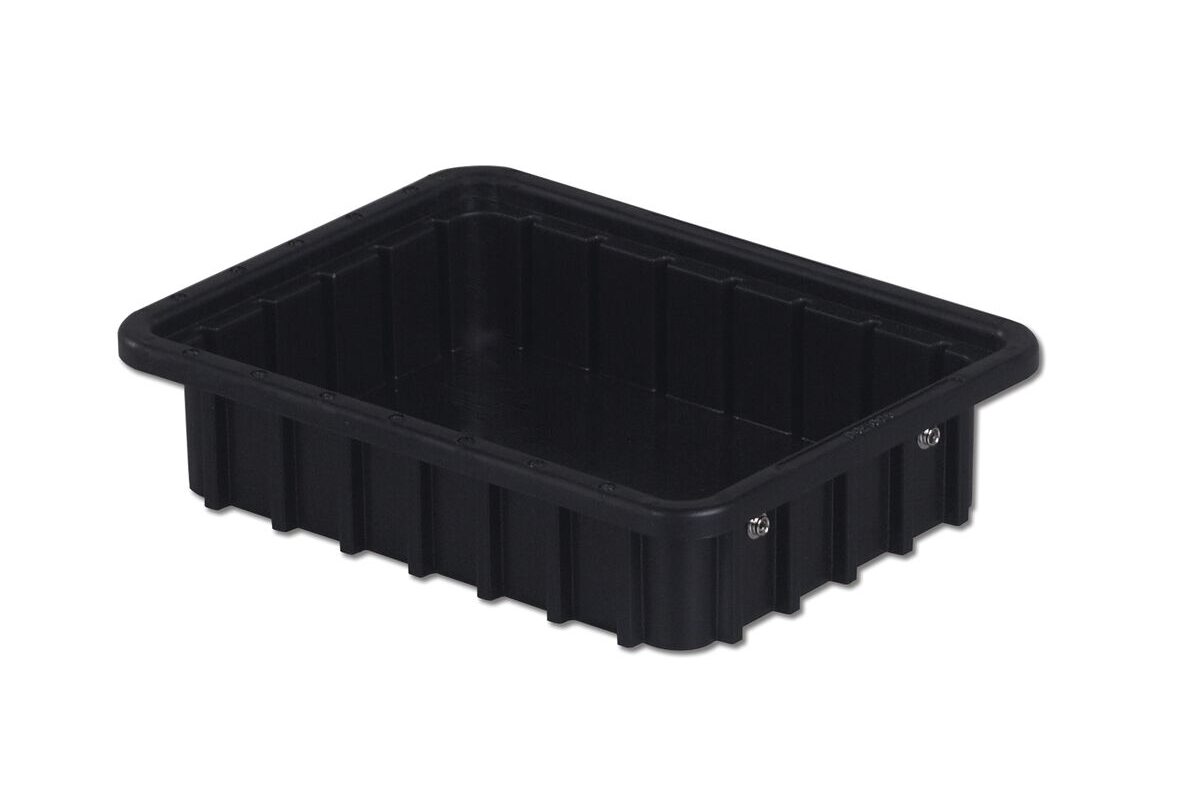 Rectangular black plastic container with ribbed sides and a flat bottom.