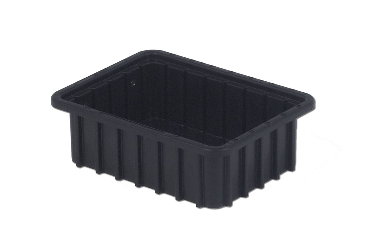 A black rectangular plastic container with ribbed sides and a raised lip around the top edge.