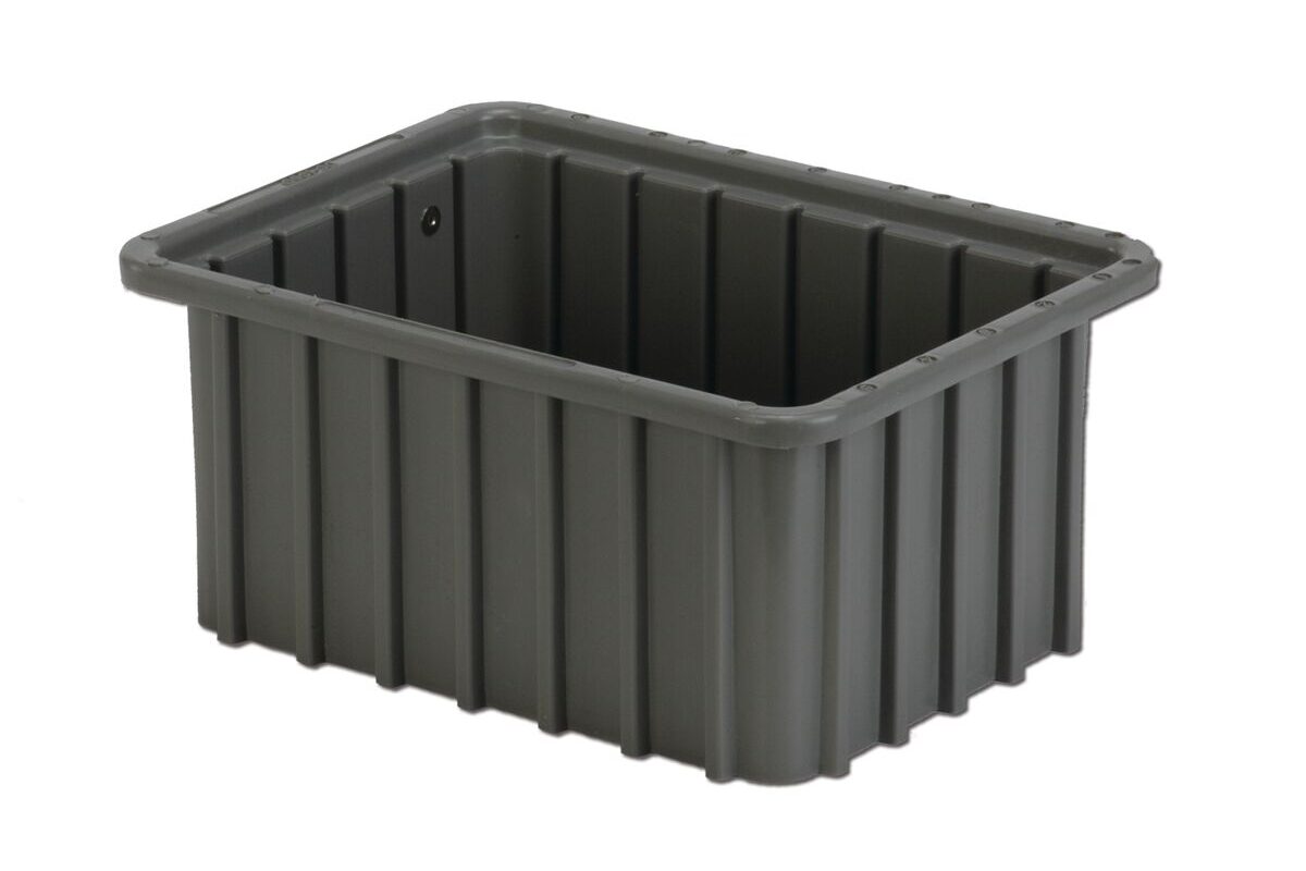 A large, rectangular gray plastic container with ribbed sides and a hollow interior.