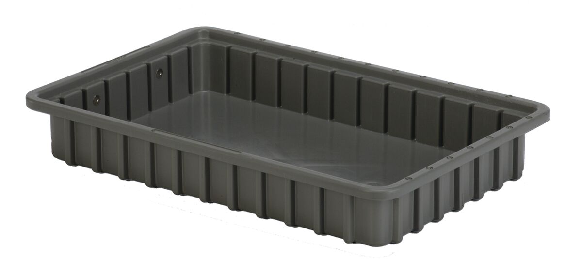 A rectangular gray plastic tray with grooved sides and a flat bottom.