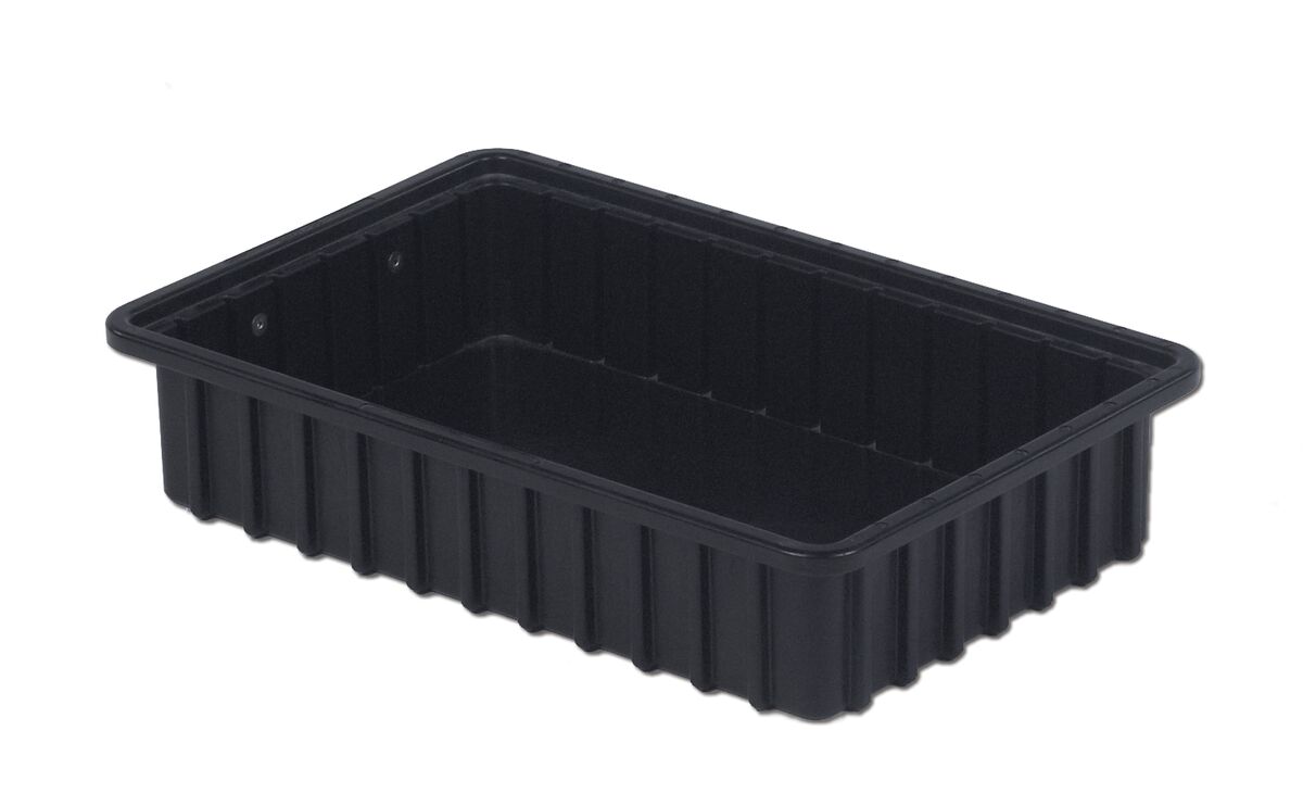 A black, rectangular plastic container with ridged sides and a flat bottom, DC2035-XL.