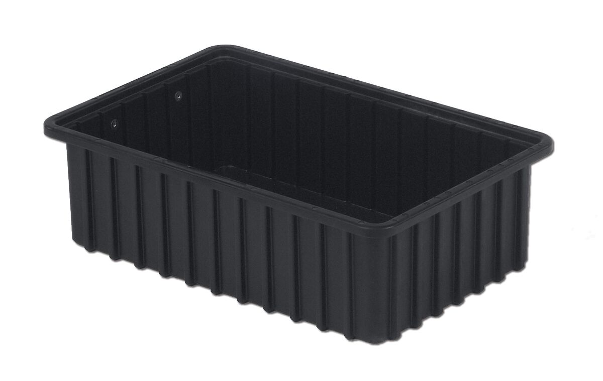 A rectangular, black plastic container with ribbed sides and no lid, labeled as DC2050-XL.