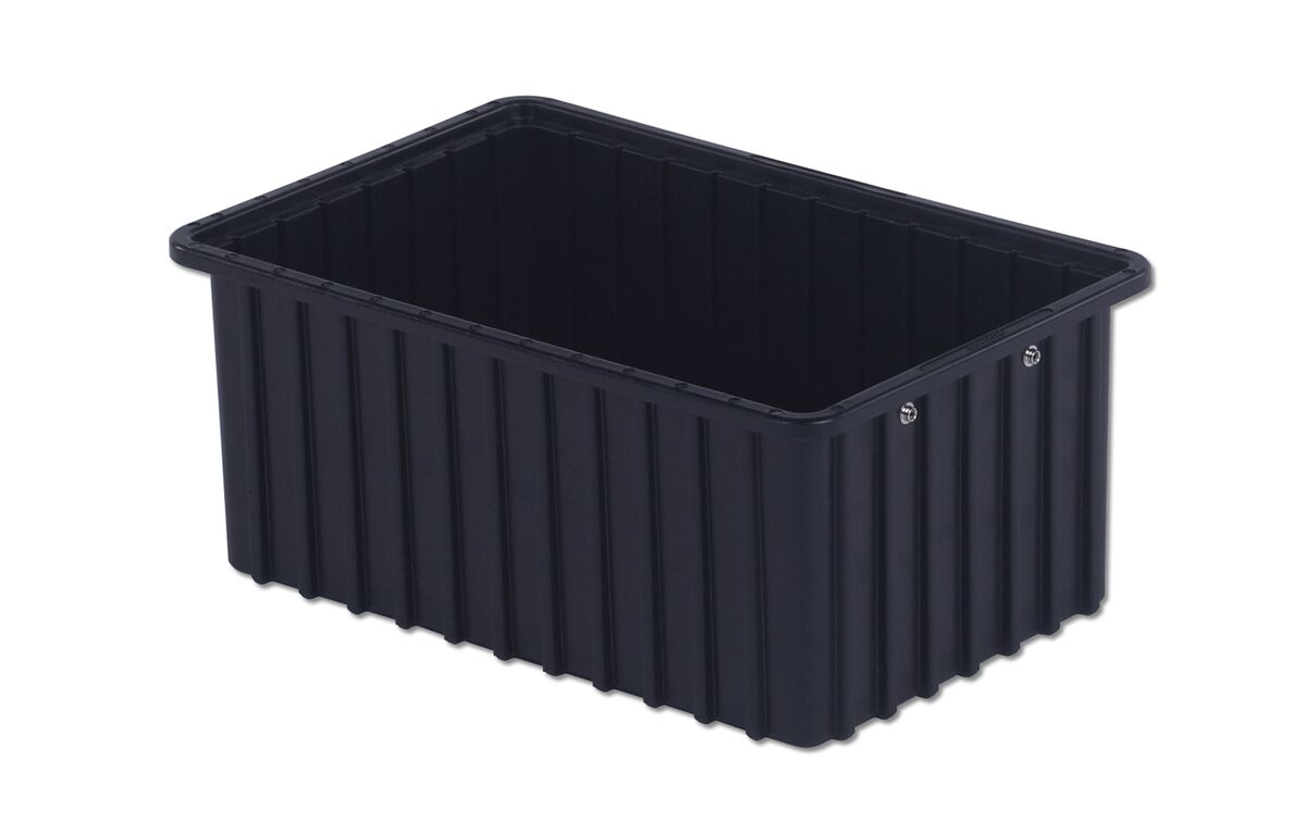 Rectangular black plastic container with vertical ridges on the sides, featuring an AUTO-DRAFT system and two small holes on one end.