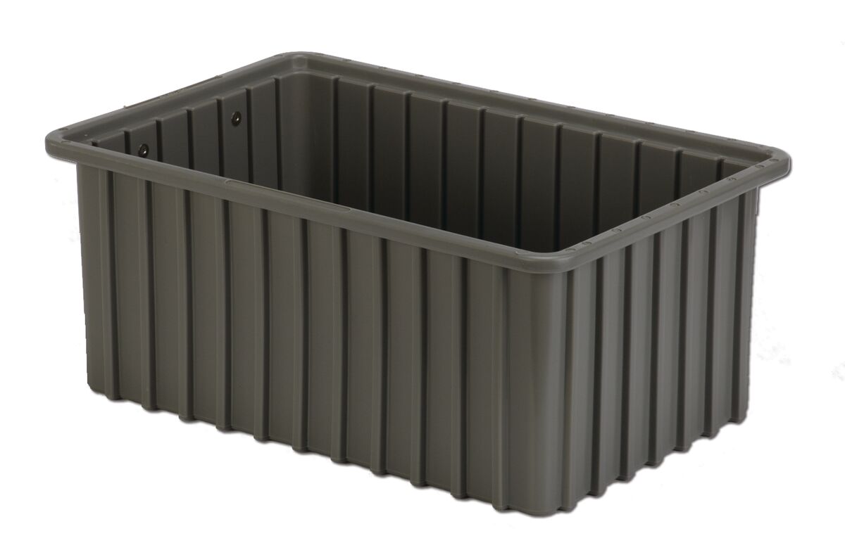 A rectangular, gray plastic storage container with vertical ridges and an open top.